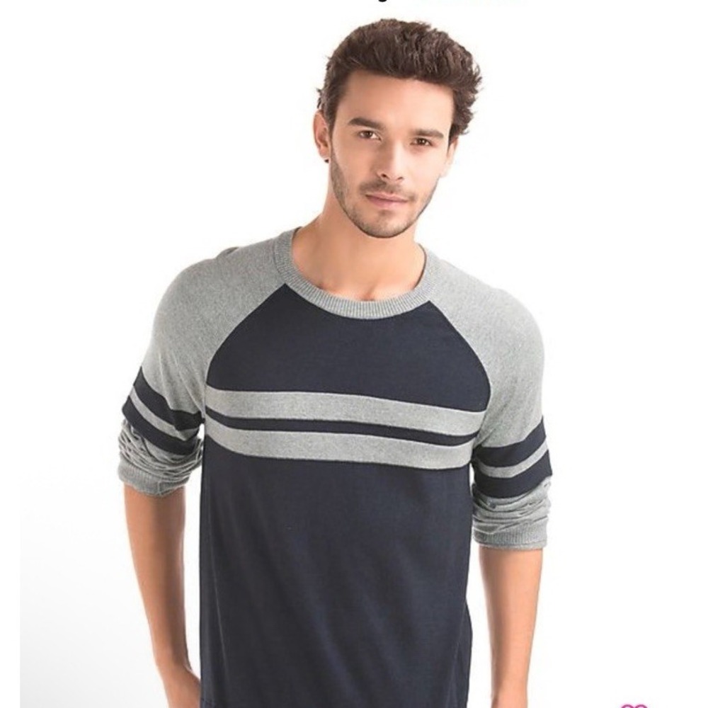 Gap Crew Neck Striped Blue Baseball Sweater Long Sleeve Preppy  Sz M Cotton